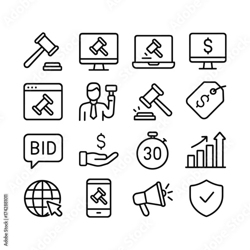 Digital auction vector icons pack. Outline symbols. Line design
