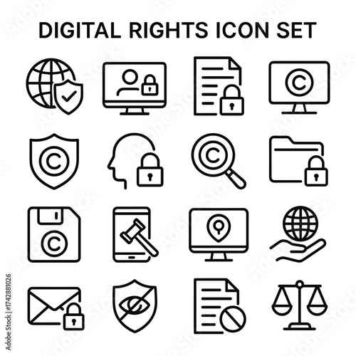 Digital rights vector icons collection. Outline symbols. Line design