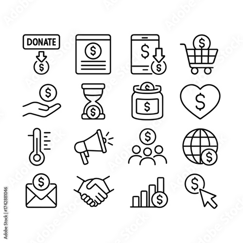 Online fundraising vector icons collection. Outline symbols. Line design