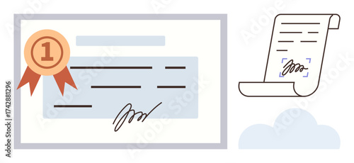 Certificate with award seal and signature, alongside signed document scroll and clouds. Ideal for success, achievement, recognition, education, certification, accomplishment motivation. Simple flat