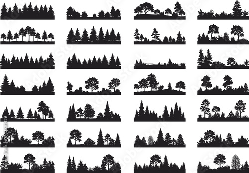 Silhouette forest and tree line collection with conifer, deciduous, dense woodland, rolling hills, outdoor scenery, environmental illustration, concept 