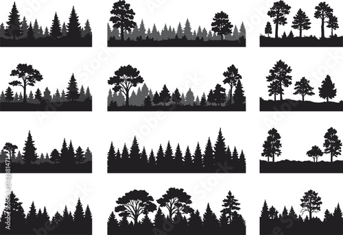 Silhouette forest scene collection with conifer, deciduous, dense woodland, varied tree heights, outdoor scenery, environmental illustration, concept art