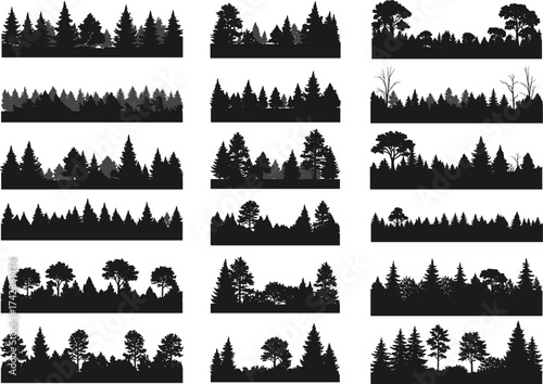 Silhouette forest landscape collection with conifer, deciduous, dense woodland, barren trees, mountain backdrops, outdoor scenery, environmental illustration, concept art