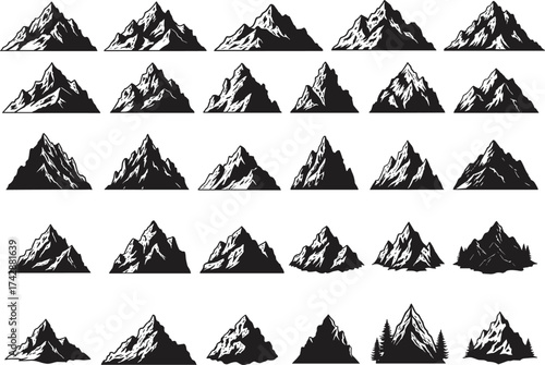 Silhouette mountain collection with sharp peaks, rounded slopes, jagged ridges, tree bases, outdoor scenery, landscape illustration, environmental concept art