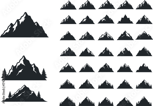 Silhouette mountain icon collection with sharp peaks, rounded slopes, tree bases, outdoor scenery, landscape illustration, environmental design, concept art
