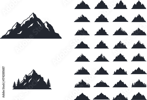Silhouette mountain icon collection with sharp peaks, snow caps, tree bases, outdoor scenery, landscape illustration, environmental design, concept art