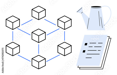 Network of cubes connected by lines, watering can, and stacked documents. Ideal for blockchain, technology, innovation, growth, planning development strategy. Represents simple flat metaphor