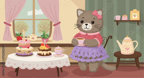 Cartoon Crochet doll cat in a dress holding a teacup by the dessert table  