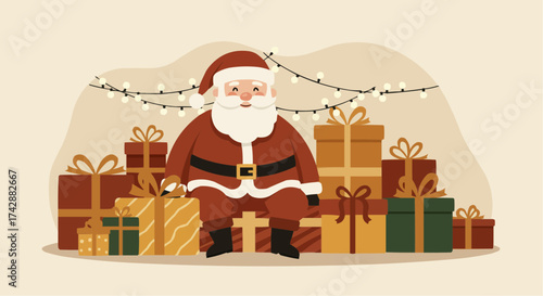Santa Claus sitting among presents with Christmas lights in background  