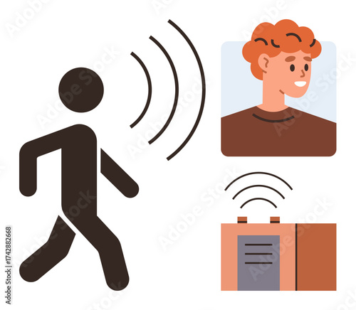 Person and sound wave symbolizing communication, face portrait, and radio device transmitting signals. Ideal for networking, technology, sound, connectivity, communication, human interaction simple