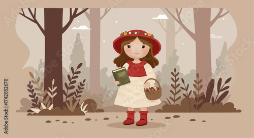 Young girl in red hat holding a book and basket in forest  