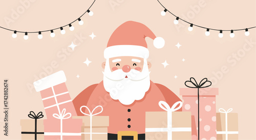 Cheerful Santa Claus with Christmas gifts on pastel background  