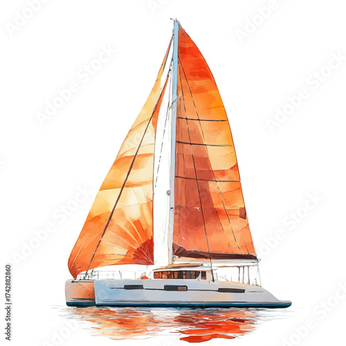 Catamaran, watercolor painting vector, isolated on a white background.