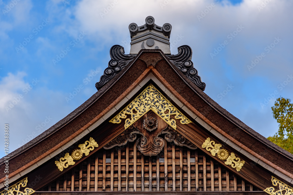 Naklejka premium Architecture detail on Jonangu Shinto Shrine from Heian period in southern Kyoto in Kansai region of Japan