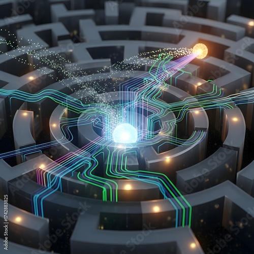 Abstract maze with glowing lines representing data flow and a bright orb at the center