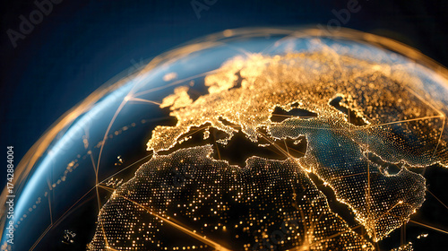 Illuminated digital globe highlighting Europe, North Africa, and the Middle East with glowing city lights and network connections on a dark background
