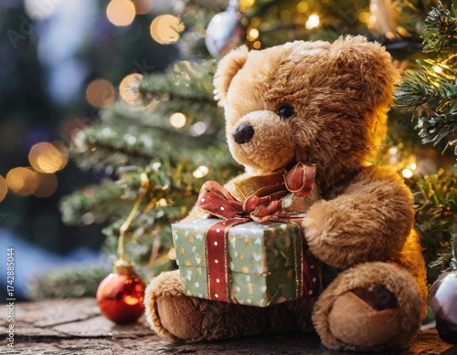 A plush teddy bear holding a gift adds charm to Christmas decor, with pine branches, glittering ornaments, and presents creating a magical and festive winter scene. Xmas, celebrating, gifts, happiness