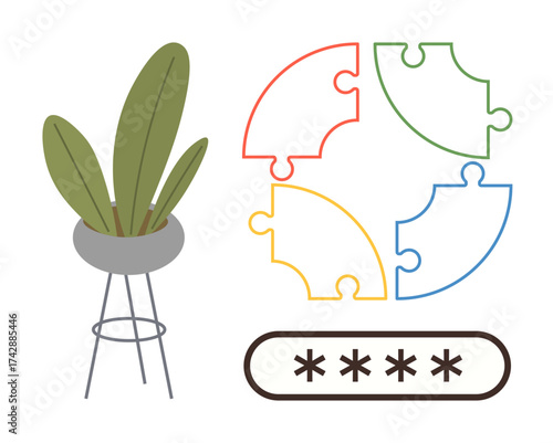 Puzzle globe in vibrant colors paired with a secure password box and green potted plant. Ideal for security, collaboration, environment, growth, sustainability, innovation, and simplicity. Flat