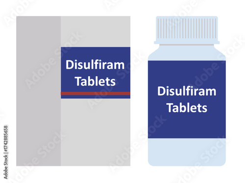 Vector illustration of Disulfiram tablets packaging and medicine bottle, used in medical, pharmaceutical, and educational materials to promote awareness of healthcare and medication concepts.