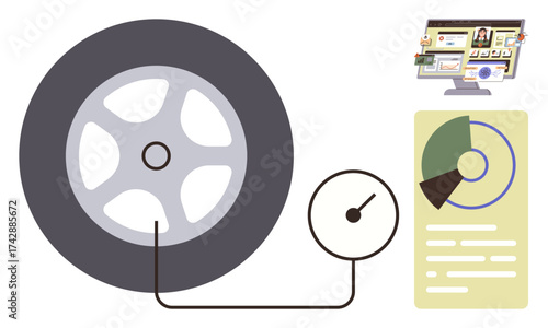 Tire with attached pressure gauge connected to digital analytics dashboard tracking data and pie chart insights. Ideal for technology, automotive maintenance, monitoring systems, efficiency