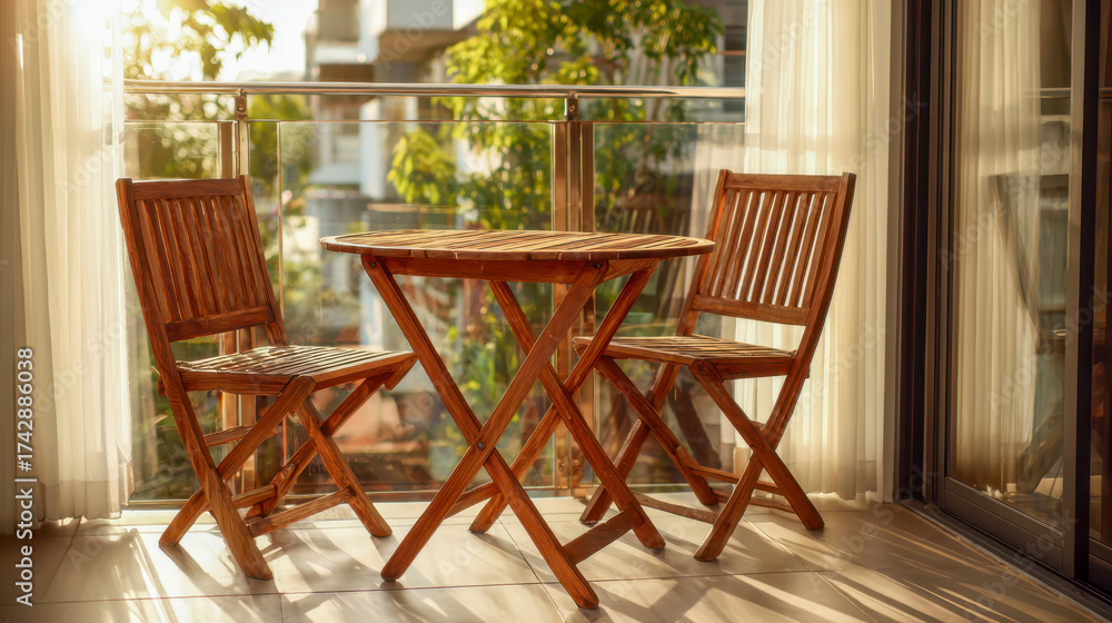 Fototapeta premium Wooden patio table and chairs set on balcony illuminated by warm sunlight with greenery and buildings in soft focus background creating a cozy outdoor space