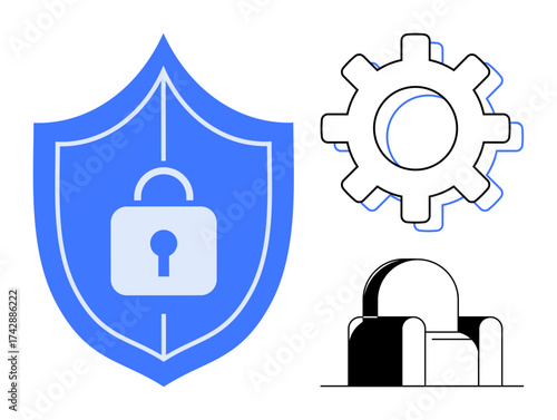 Blue shield with lock symbol, cogwheel gear, and abstract building outline emphasizing cybersecurity. Ideal for technology, innovation, digital protection, engineering, structural design, network