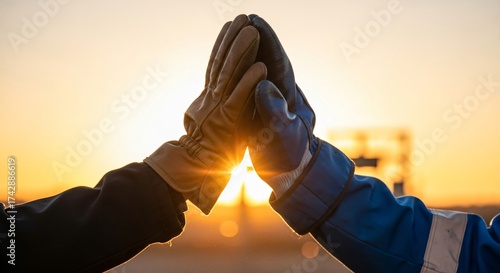 Workers' Gloved Hands Giving a High Five at Sunset, Celebration of Success and Teamwork, Partnership and Achievement Against, Industrial Collaboration