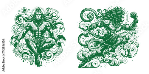 Vector style illustration of Lord Hanuman rendered with dynamic energetic linework silhouette for a striking design