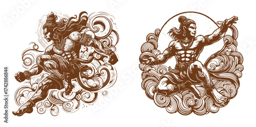 Vector style illustration of Lord Hanuman rendered with dynamic energetic linework silhouette for a striking design