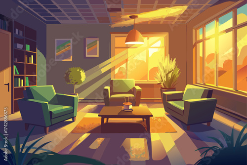 vector of A blurred image of a silent therapist's office with soft golden light falling on the carpet and couches, evoking emotional healing.