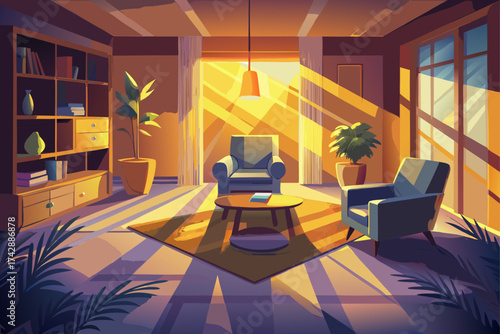 vector of A blurred image of a silent therapist's office with soft golden light falling on the carpet and couches, evoking emotional healing.