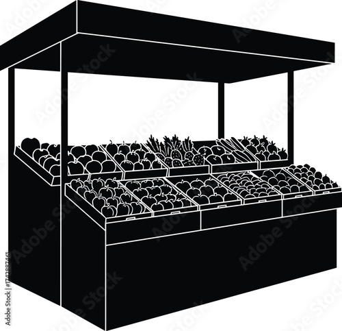 Fruit and vegetable market stall silhouette with canopy, fresh produce stand illustration, farmers market vector, organic food shop outdoor design concept