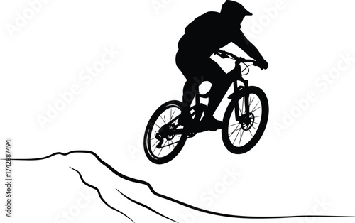 Mountain biker performing a high jump silhouette on trail with downhill terrain, adventure cycling, extreme sport action, outdoor riding illustration design