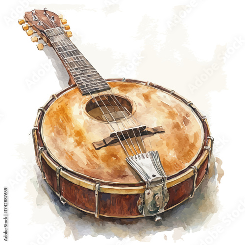 Banjo, watercolor clipart vector, isolated on a white background.