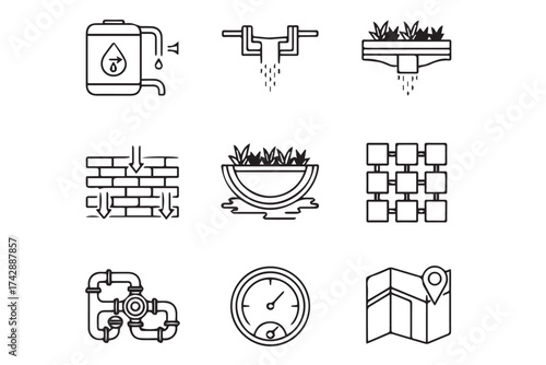 Collection of line art icons representing water management systems, including rain barrels, drainage, green roofs, and measurement tools, isolated on transparent background