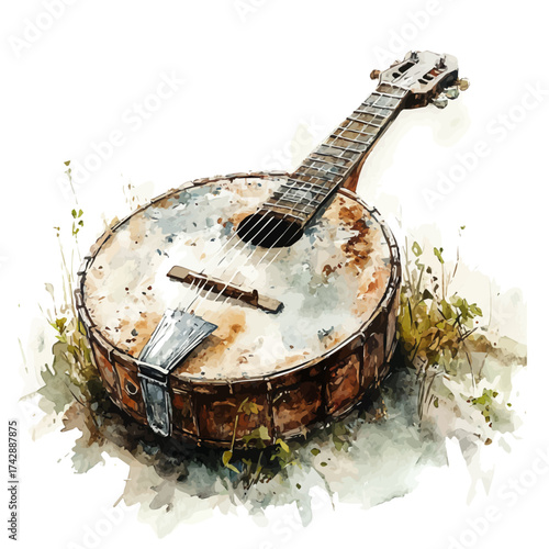 Banjo, watercolor illustration vector, isolated on a white background.