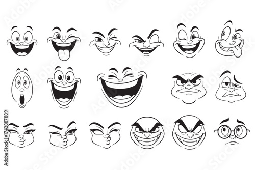 Diverse collection of cartoon face line art icons showcasing a wide range of exaggerated emotions and expressions, isolated on transparent background
