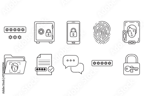 A collection of 10 black and white icons related to security and privacy on a transparent background
