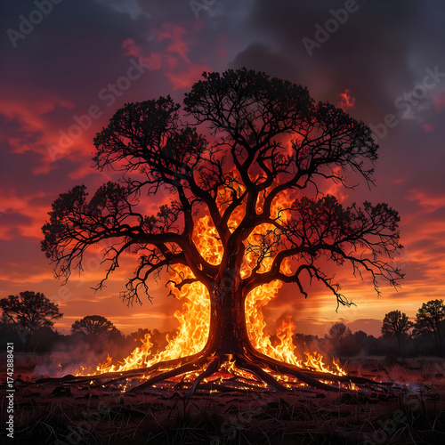 Tree engulfed in flames during vibrant sunset, climate change concept 