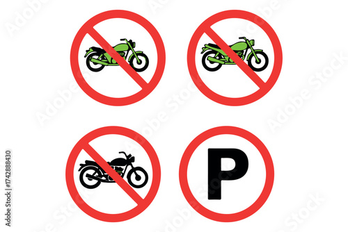 Three circular prohibition signs with motorcycles and one parking sign, indicating restrictions and designated areas for vehicles isolated on transparent background