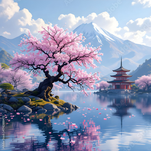 Cherry blossoms by tranquil Japanese lake and pagoda, with snowed mountains in the background