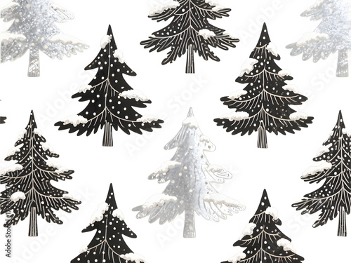 christmas trees set in black and white 