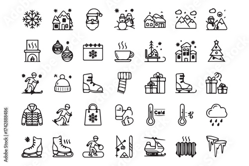 Collection of winter icons including snowflake, santa, gifts, fireplace, and winter clothing, isolated on transparent background