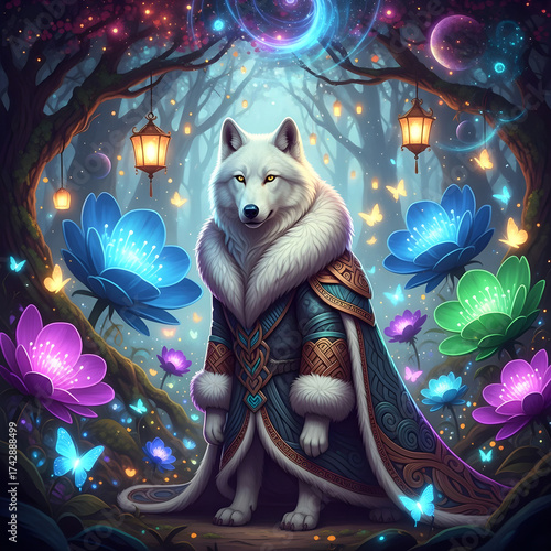 Mystical wolf in an enchanted forest setting
