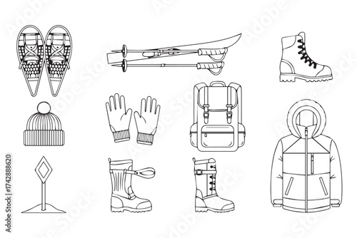 Winter outdoor activity gear and clothing set isolated on transparent background