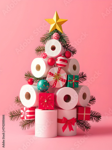 A christmas tree decorated and made from toilet rolls of paper and baubles and gift boxes pink background