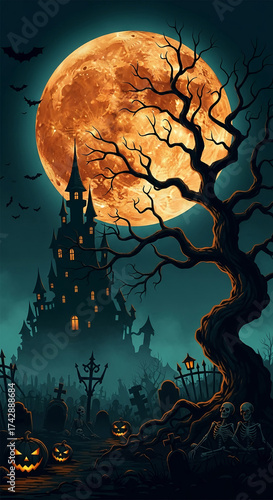 Halloween illustration featuring a spooky castle, graveyard, skeletal figures, and a large orange moon, creating an eerie and atmospheric scene perfect for Halloween backgrounds