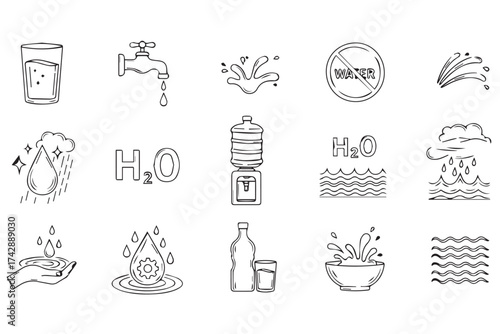 Collection of waterrelated icons showing drops, splashes, h2o symbol, and water dispenser, isolated on transparent background