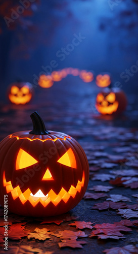 Lit jack-o'-lantern on autumn leaves, path of glowing pumpkins in background, Halloween scene symbolizing spooky season, autumn mood