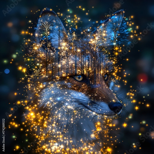 Overlayed image of fox over forest 
